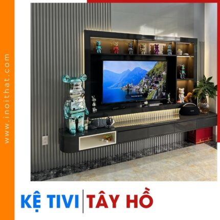 Kệ Tivi cao cấp xám ghi ốp lam sóng tại phường Tây Hồ