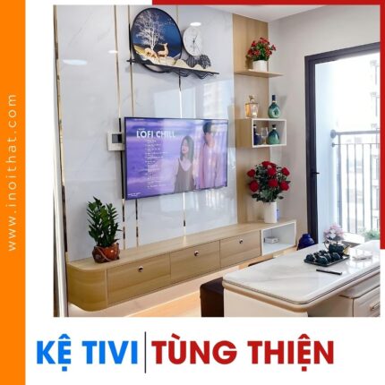 Kệ Tivi chữ I 4 ngăn kèm kệ trang trí treo tường tại phường Tùng Thiện