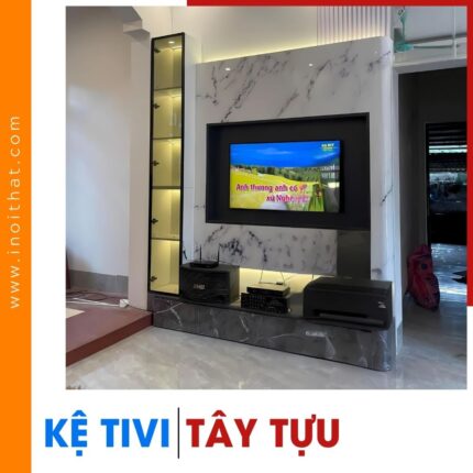 Kệ Tivi chữ L ốp tấm vân đá bo cong sát tường tại phường Tây Tựu