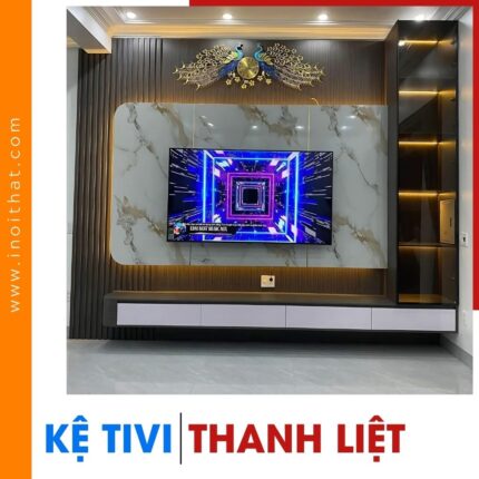 Kệ Tivi chữ L treo tường cánh kính kèm ốp lam sóng tại phường Thanh Liệt