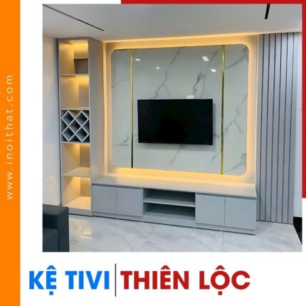 Kệ Tivi chữ vân đá đối xứng kèm phào chỉ PVC tại xã Thiên Lộc