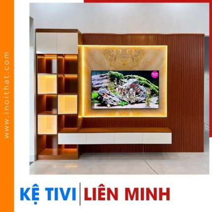 Kệ Tivi kết hợp tủ chia ô ốp vân đá âm tường tại xã Liên Minh