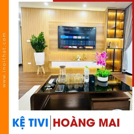 Kệ Tivi ốp lam sóng màu be kèm tủ trang trí tại phường Hoàng Mai
