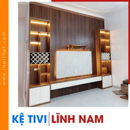 Kệ Tivi ốp lam sóng PVC kèm tủ để đồ tại phường Lĩnh Nam