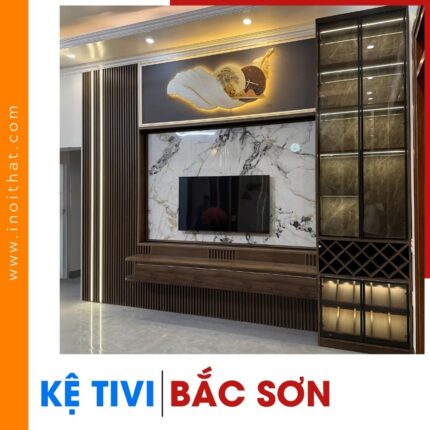Kệ Tivi phủ vân gỗ kèm tủ inox cánh kính tại xã Bắc Sơn