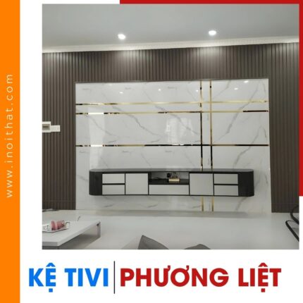 Kệ Tivi treo tường ốp kèm lam sóng và tấm PVC giả đá tại phường Phương Liệt