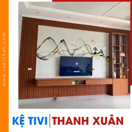 Kệ Tivi tủ đứng kèm ốp vân PVC họa tiết sóng trang trí tại phường Thanh Xuân
