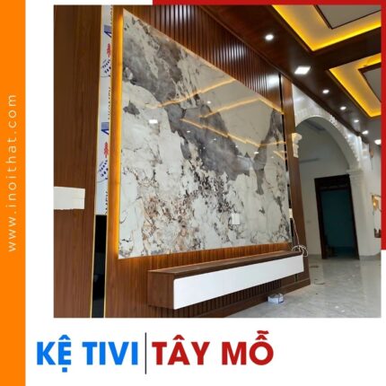 Kệ Tivi vân đá bản lớn kèm ốp tường trần tại phường Tây Mỗ
