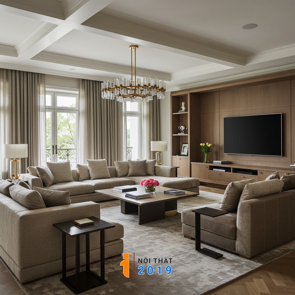 Lựa chọn và sắp xếp các món nội thất chính (Sofa, bàn trà, kệ TV)